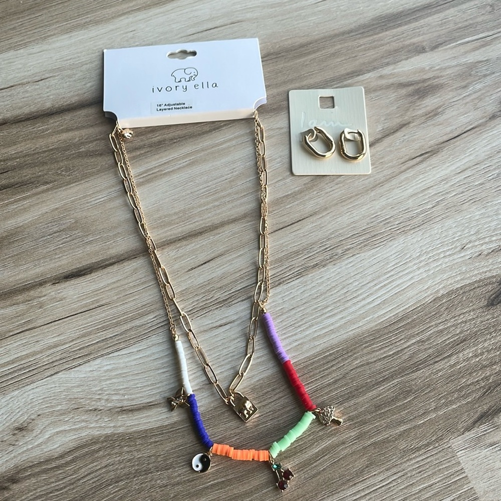 Ivory Ella Layered Necklace w charms and gold tone earrings bundle